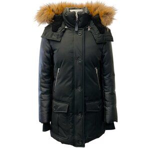 Mackage Black Down Cynthia Coat with Leather Sleeves and Fur Trim